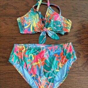 Kona Sol Blue Tropical Print Bikini Top and Bottom - SZ D/DD Top & L Bottom